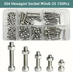 150pcs/box 304 Stainless Steel Hex Head M3 Screw And Nut SetSet Hexagon Socket Screws Bolts Nuts For Small DIY Repair Projects