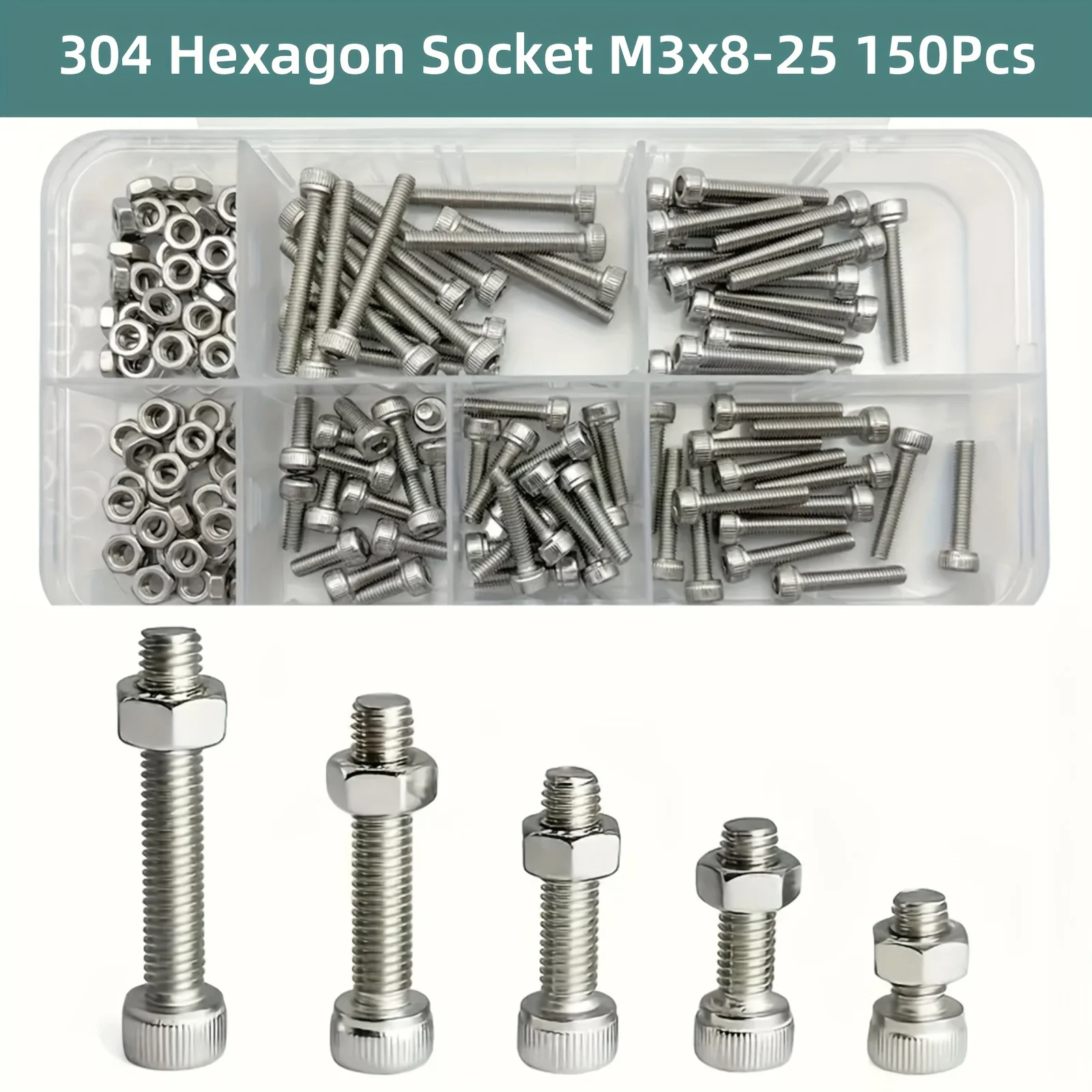 150pcs/box 304 Stainless Steel Hex Head M3 Screw And Nut SetSet Hexagon Socket Screws Bolts Nuts For Small DIY Repair Projects