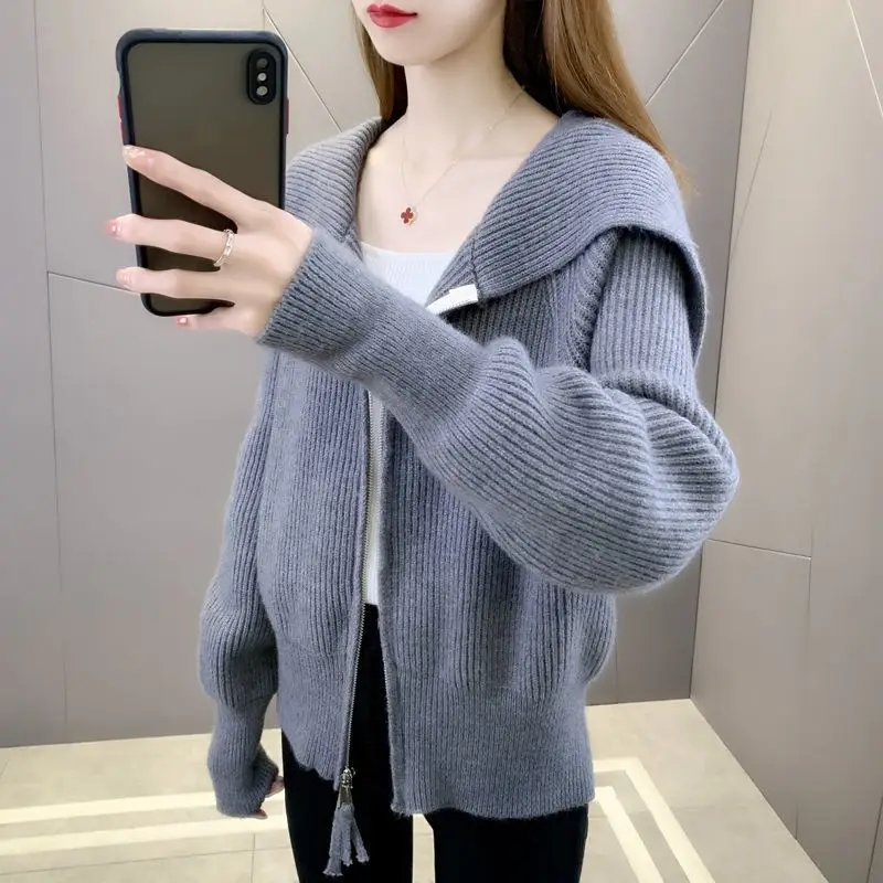 ผู้หญิงใหญ่Lapel Zipperถักเสื้อสเวตเตอร์ถัก,เสื้อแขนยาว,หลวมสั้นเสื้อ,แฟชั่นฤดูร้อนฤดูใบไม้ร่วง,ใหม่,2025