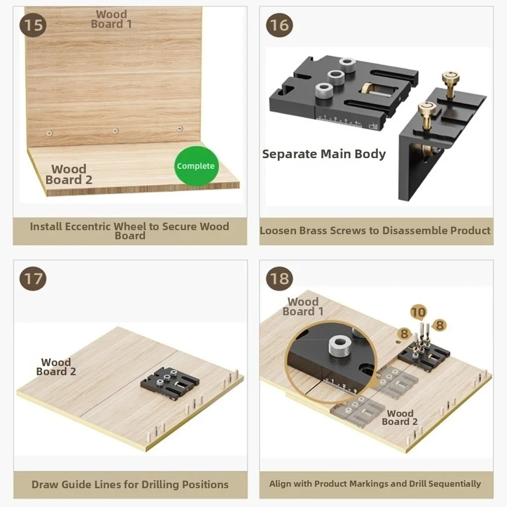 3-in-1 Design Doweling Jig Kit Positioning Clip Adjustable Wood Drilling Guide High Precision For 15mm Dowel
