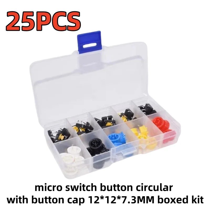 

25PCS micro switch button circular with button cap 12*12*7.3MM boxed kit with five red blue green black white button each color