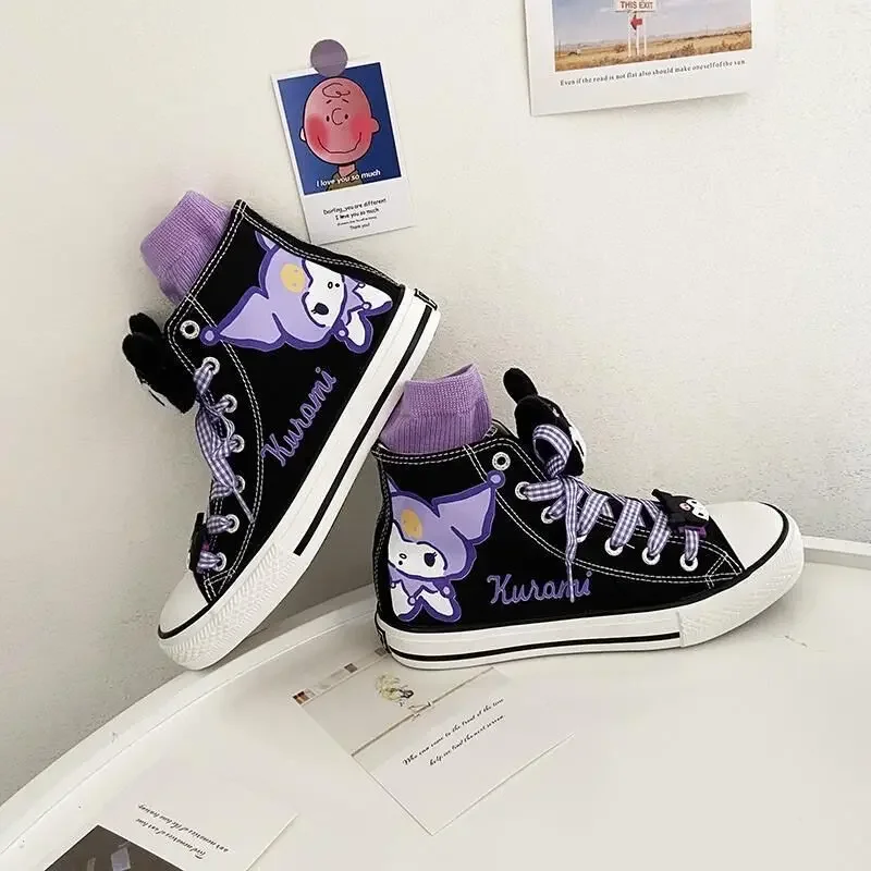 Spring Autumn Women Shoes Flats Korean Style Versatile Canvas Shoes Student Japanese Cute Cartoon Kuromi Print Casual Sneakers