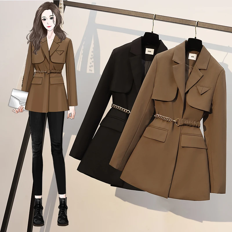 Chic Office Blazer Coat Women New Spring Autumn Suit Jacket Female Long Sleeves Belt Blazer Vintage Outwear Ladies cardigan Tops