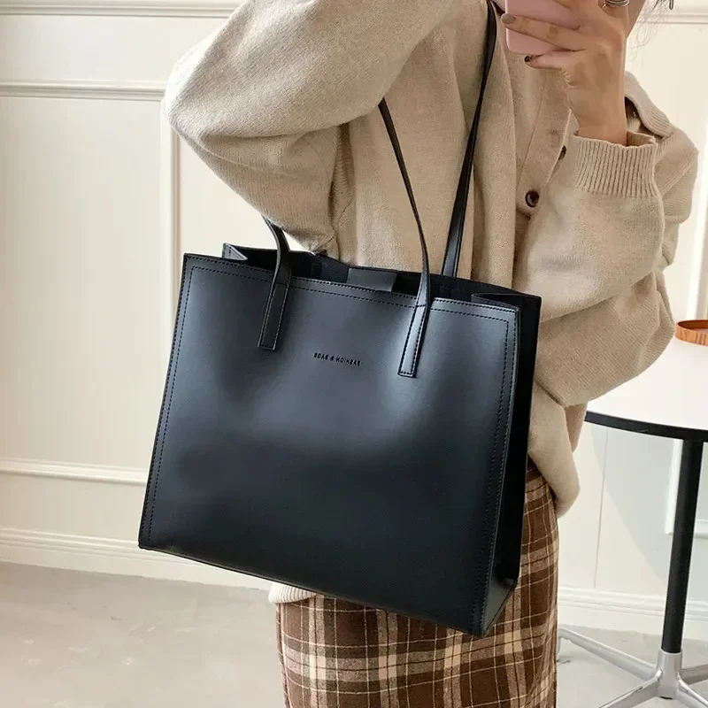 Vintage 3 Layers Large Leather Tote Bags For Women New Trend Design Commuter Work A4 Shoulder Side Bag Office Ladies Handbags