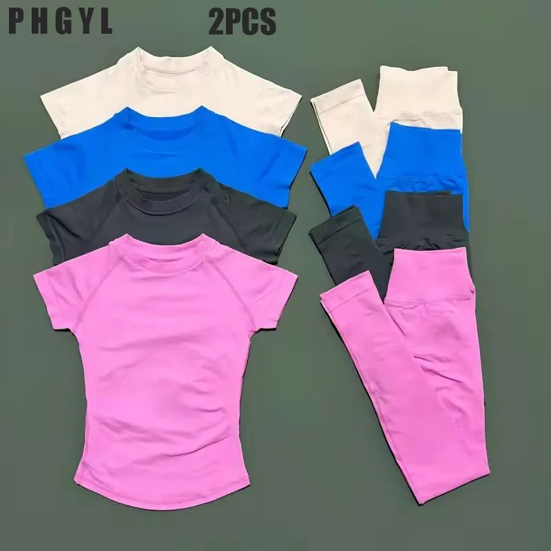 Denyf 2pcs Logo Fitness Set Women High Elastic Seamless Short Sleeve Top Low Waist Trousers Hip Lifting Yoga Gym Sports