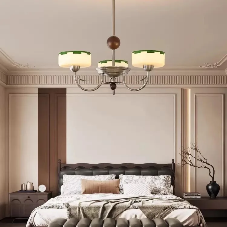 French Style Ceiling Chandelier White Glass Lampshade With Green Border Elegant Hanging Lamp For Bedroom Dining Room Decor
