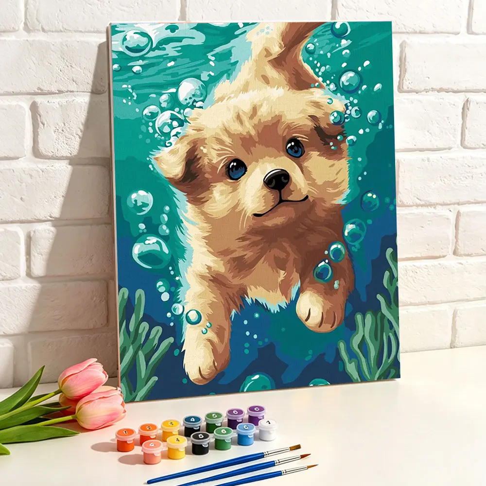 Paint By Numbers for Adults Underwater Ocean Puppy Animal HandPainted Oil Painting Canvas Colouring Wall Decor