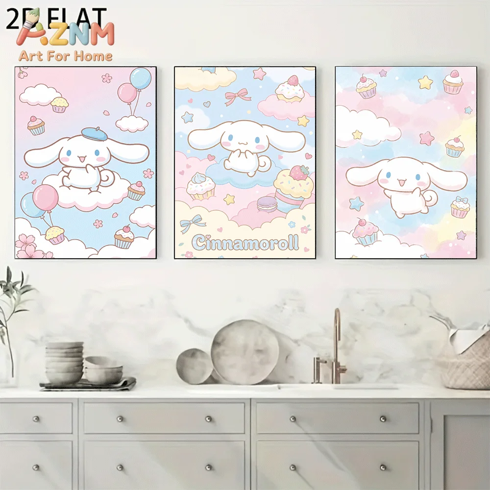AZNM Cinnamoroll Canvas Wall Art Unframed Cute Cartoon Print Poster Pastel Cloud Balloon Cupcake Macaron Bow Star Sweet Dessert