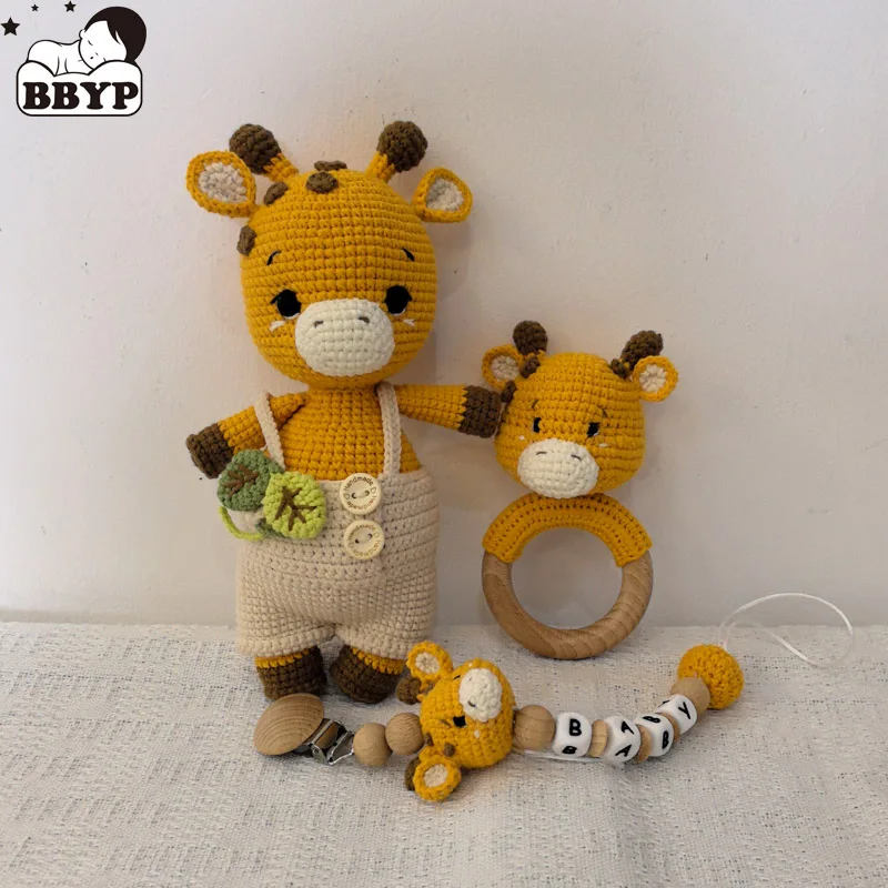 1 Set DIY Crochet Giraffe Baby Teether Newborn Bunny Rattle Toy Wooden Molar Teething Ring Pacifier Clips Chain Set Baby Stuff