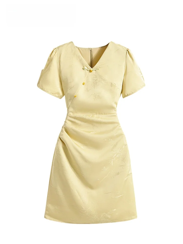 

Женская повседневная юбка Cara CLUB больших размеров с V-образным вырезом и коротким рукавом, новая весенняя коллекция, в стиле ретро с пуговицами, в китайском стиле