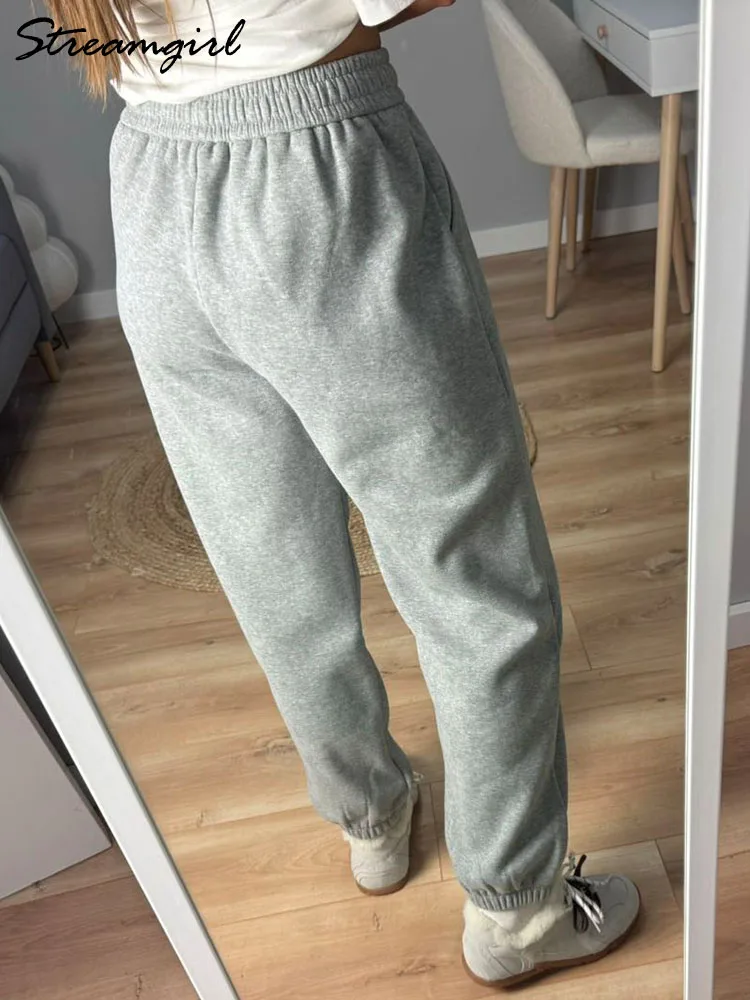 Thick Warm Sweatpants Women Winter Straight Leg Fleece Pants Elastic Waist Gray Velvet Trousers Warm Pants With Fleece For Women