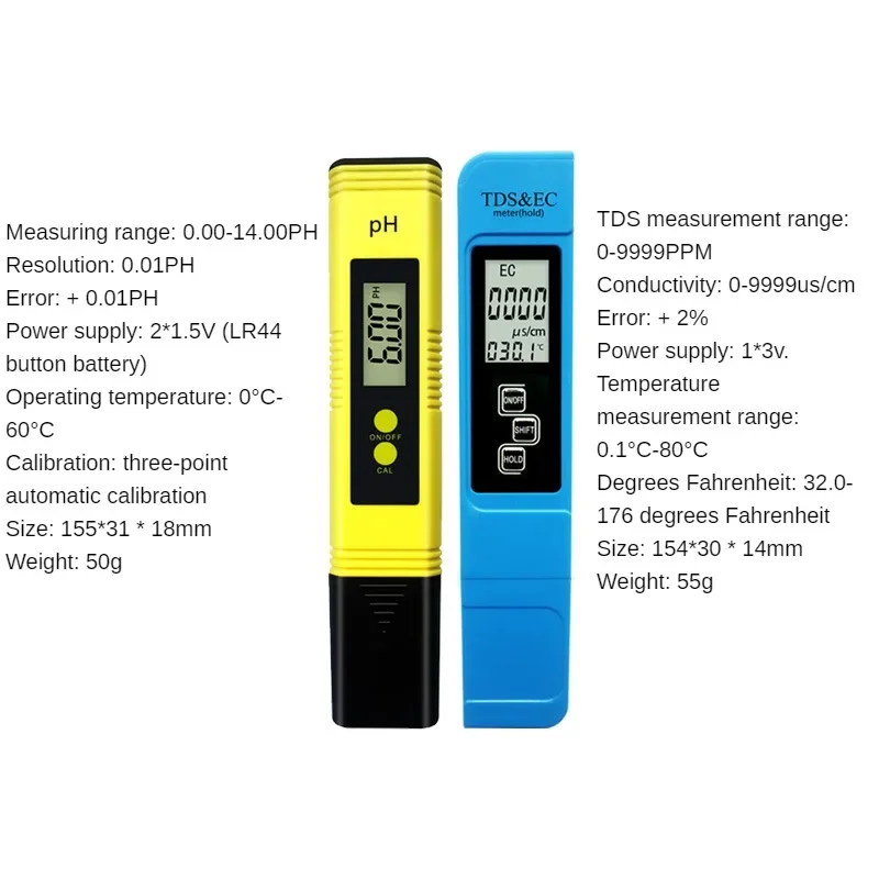 2pcs TDS PH Meter Digital Water Tester 0.01ph High Accuracy PH Meter 0-9990ppm Temperature TEMP PPM Tester