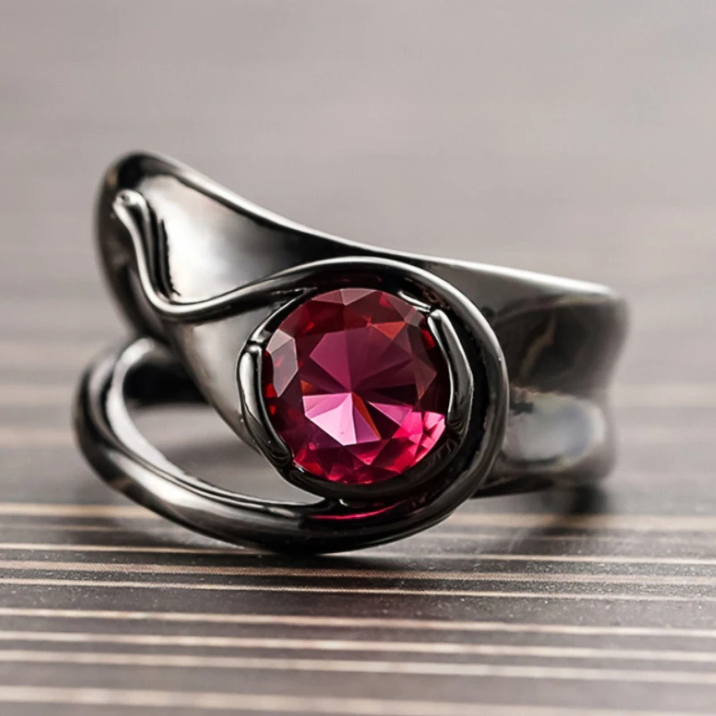 Huitan Vintage Twist Unregelmäßige Runde Rote Zirkonia-Ringe für Damen Schwarz Gunmetal Beschichtet Täglicher Party-Schmuck Einzigartiger Damenschmuck – Detail 3