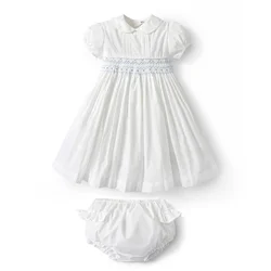 2024 Baby Girl Embroidered Dress Girls Smocked White Frocks Children Bubble Sleeves Dresses with Bloomers Kids Two Piece Set