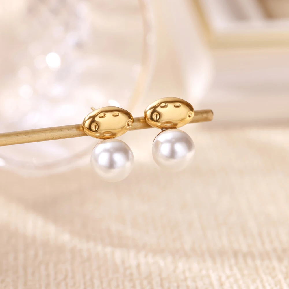 Imitation Pearl Round Earrings for Women Gold Color Oval Stud Earrings Vintage Waterproof Aesthetic Jewelry Freeshipping Items