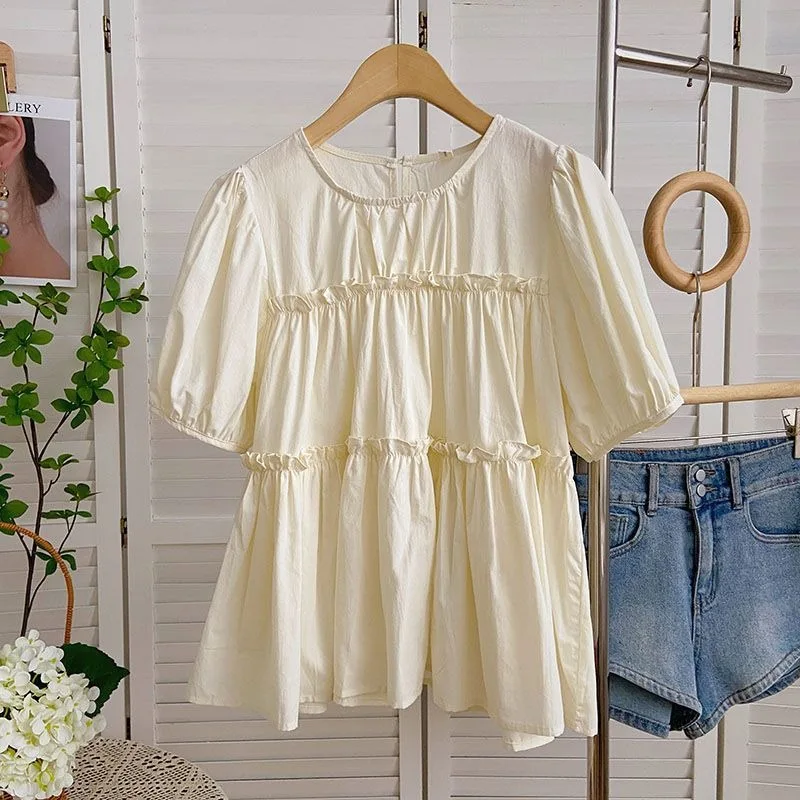 Ruffles Shirts and Blouses Korea Solid Summer Top Women 2024 Elegant and Youth Woman Blouses Solid Fashion Short Sleeve Clolthes