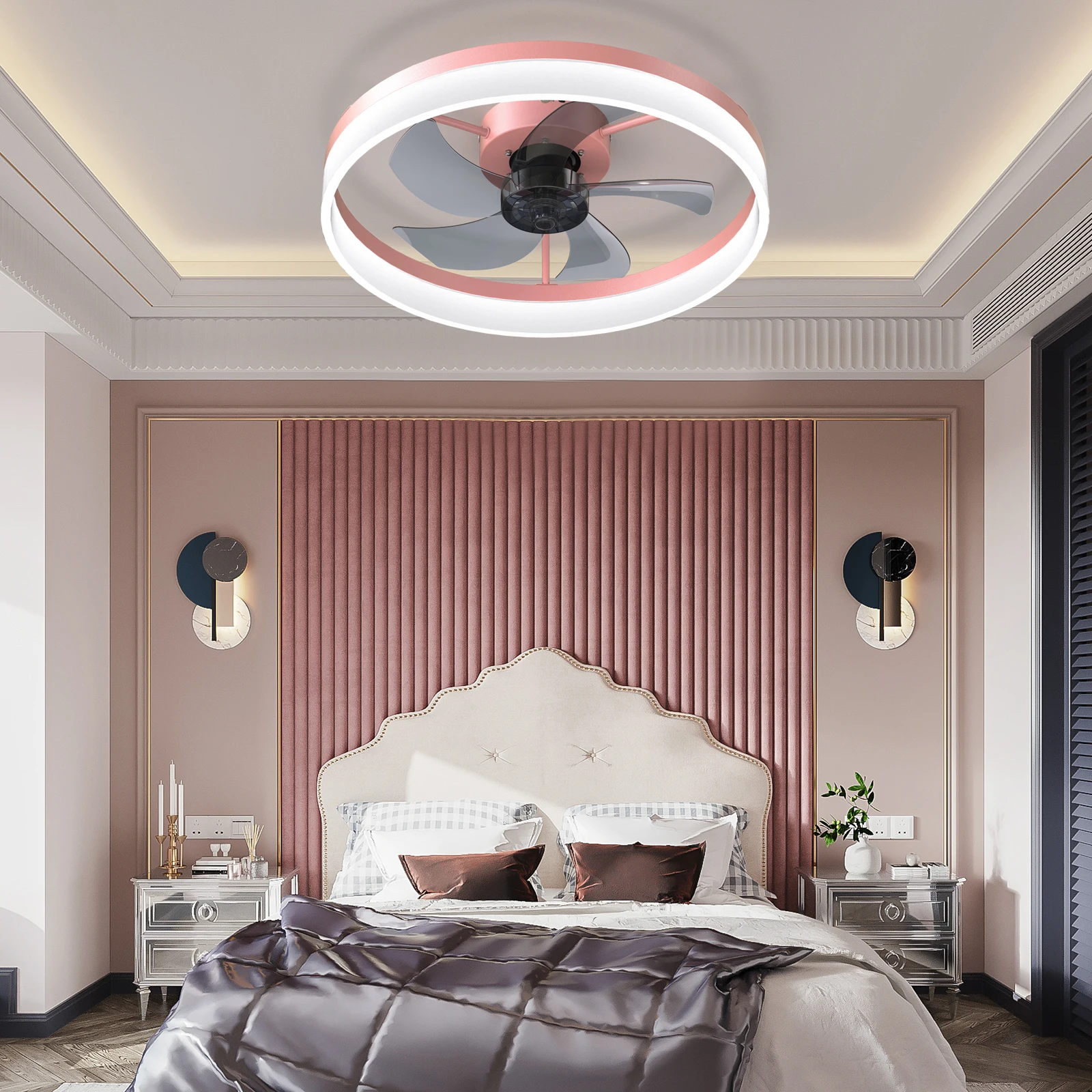 

Modern Ceiling Fan with LED Light, Low-Profile Flush Mount,6-Speed Adjustable, Ideal for Bedroom and Living Room （Pink）