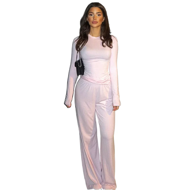 

Simple Solid Pleated Casual Basic Trousers Set Round Neck Long Sleeve Top Fashion Sports Style High Waist Wide Leg Pants Suit