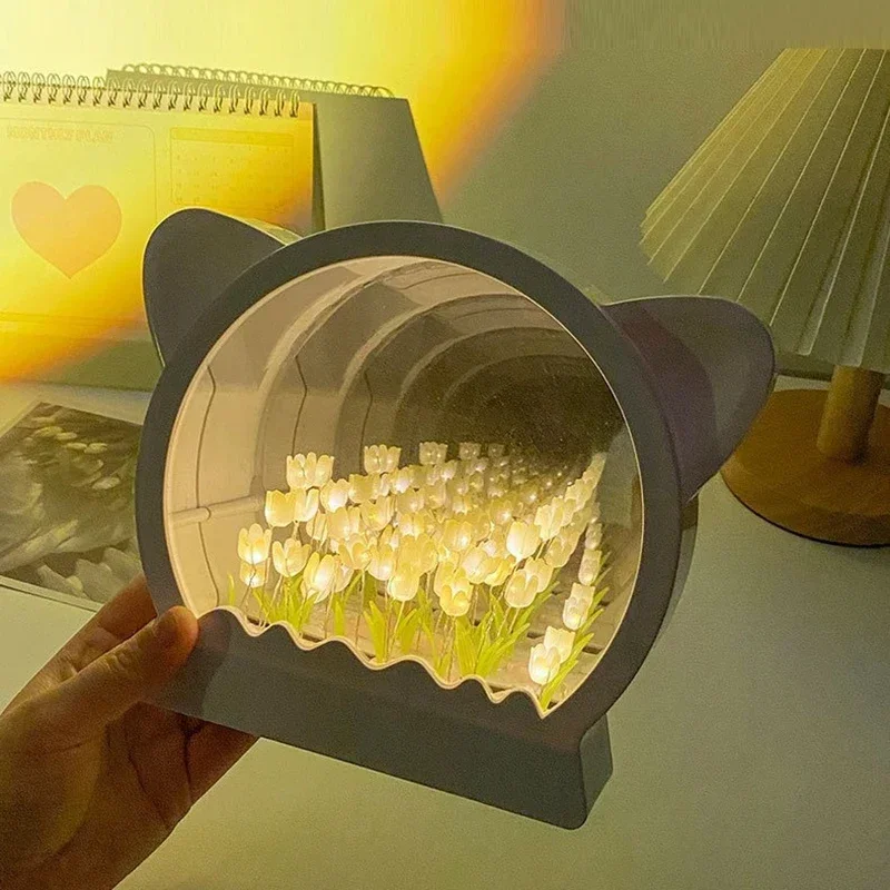 DIY Cat Head Tulip Mirror Simulating Flower Bedroom Sleeping Table Light Handmade Craft Tulip Mirror Night Light Birthday Gift