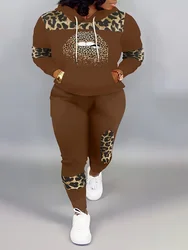 Conjunto de capuz e calças de cordão manga comprida LW para mulheres, roupas casuais, estampa de leopardo e lábios plus size, conjunto de 2 peças