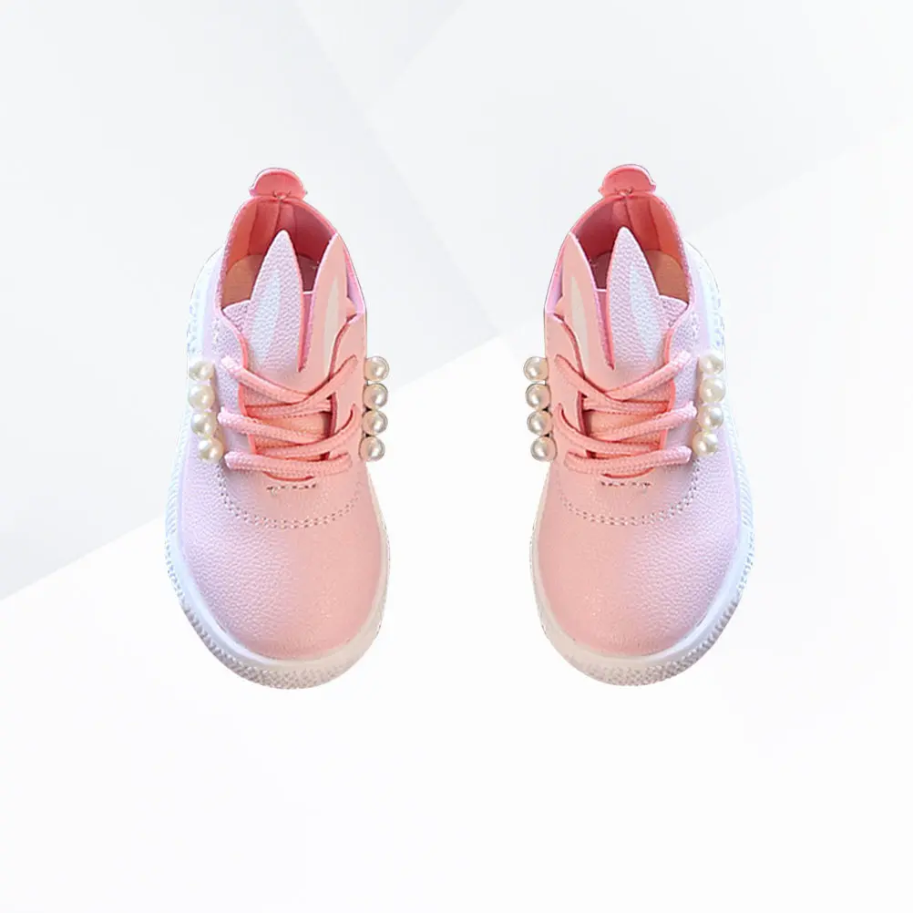 Rabbit Ear Princess Shoes Pink Girls Toddler Sneakers Soft Elastic PU Breathable for Ages 1-6 Pearl Decor Warm Comfortable