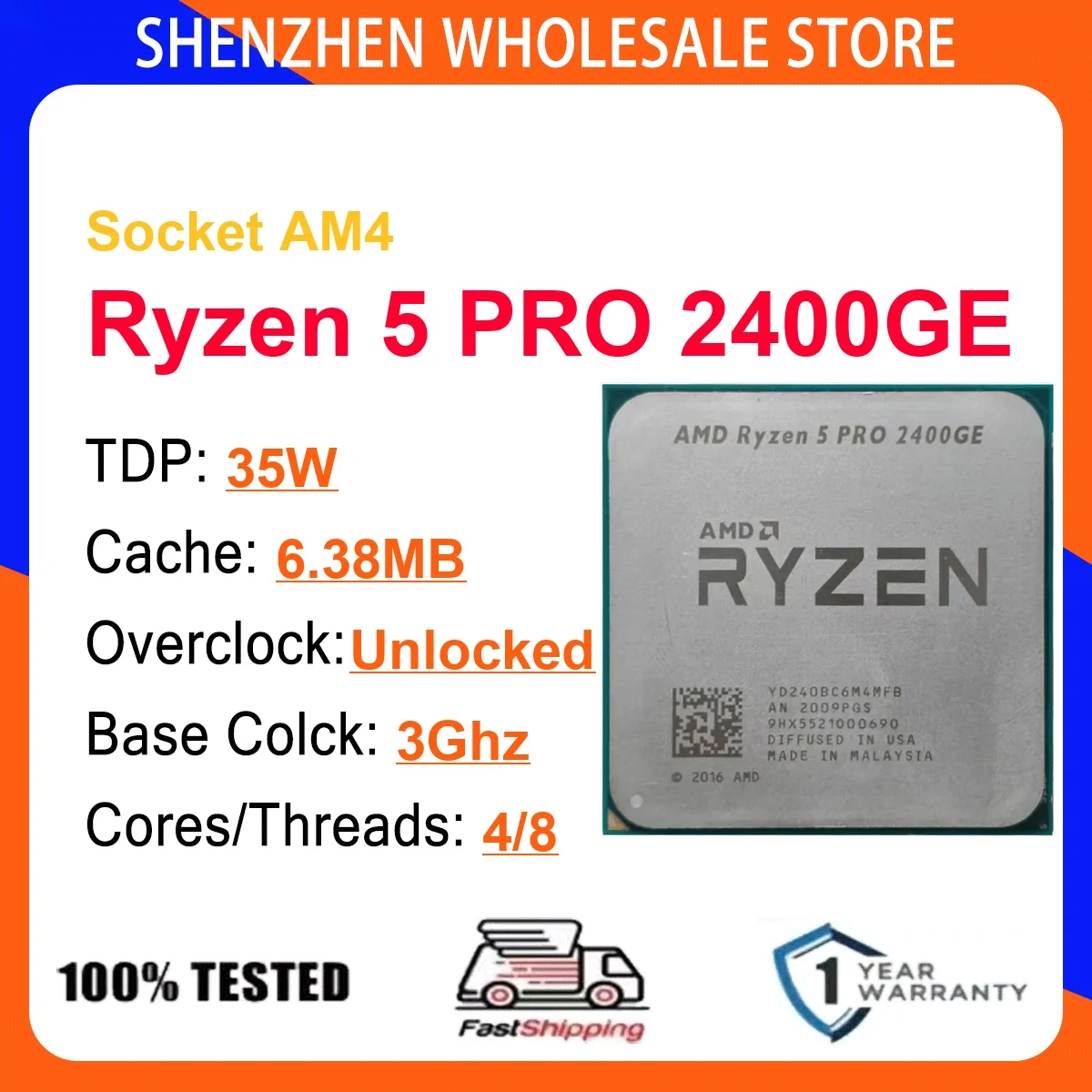 AMD Ryzen 5 PRO 2400GE 4-Core 8-Thread 14NM 3.2/3.8GHz L3=4MB 35W for Desktop Upgrade Gaming Home Office Loose No Cooler and Fan