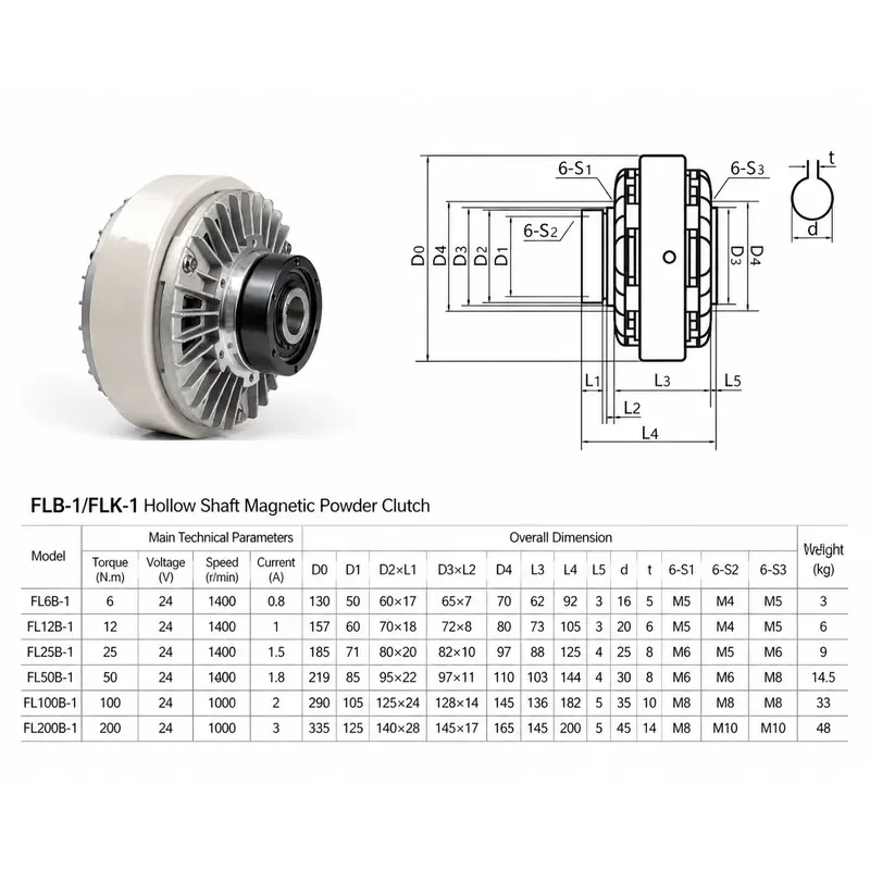 5kg Hollow Shaft Magnetic Powder Clutch Winding Brake Tension Control for Bagging Printing Packaging Dyeing Machine FL50B-1