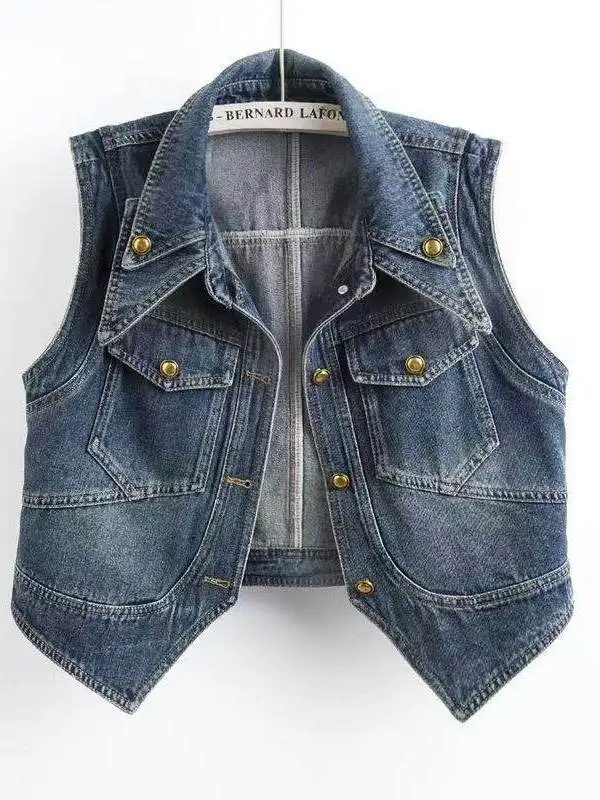 

Retro Design Denim Vest Women's ort Svel Jaet Top Layering oulder Pad Coat Spring Autumn New Sle Girl's Faion