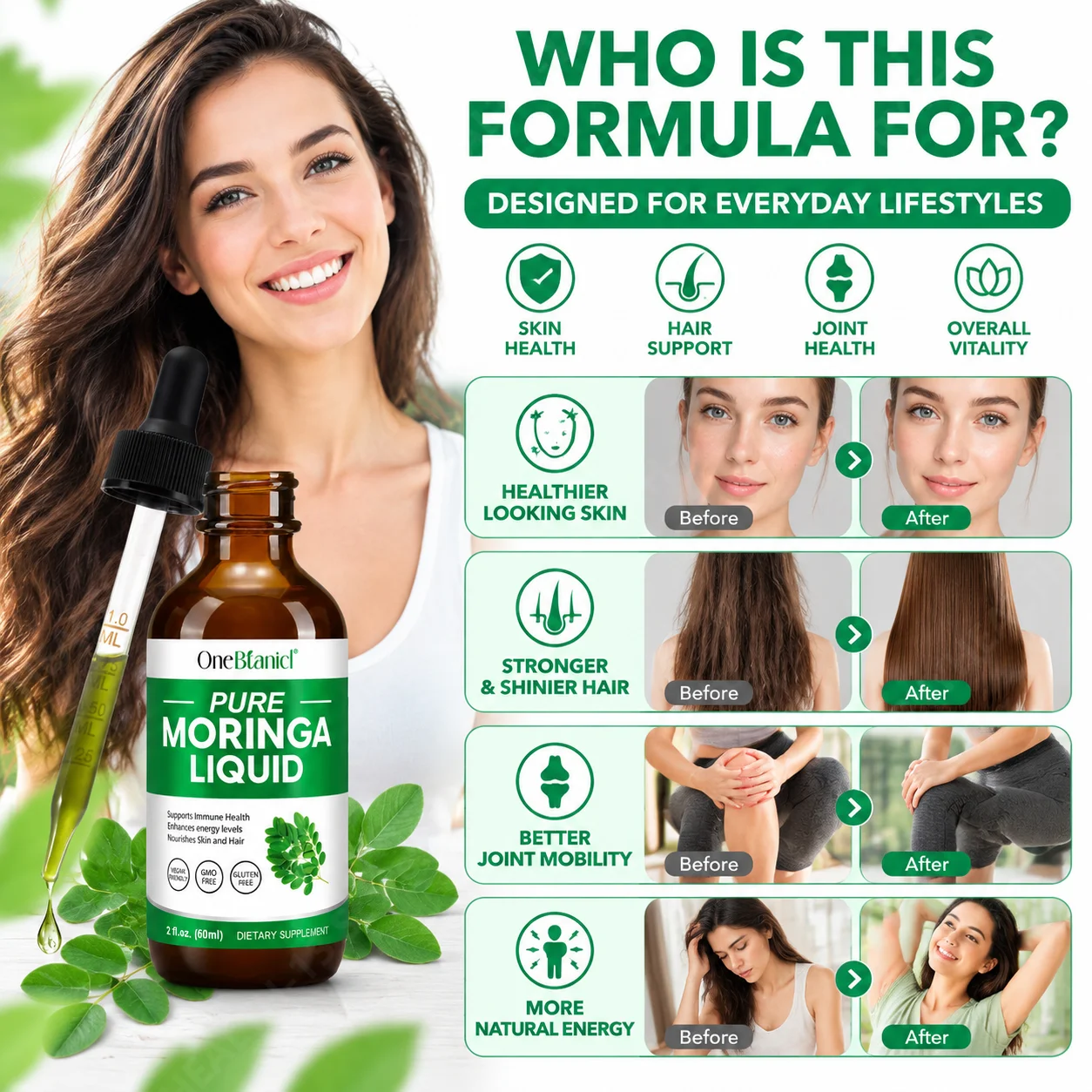 Moringa Leaf Extract Droplet Nourish Skin and Hair Support Joint Health Natural Raspberry Essence Spicy Wood Oil 60ml 30 Days