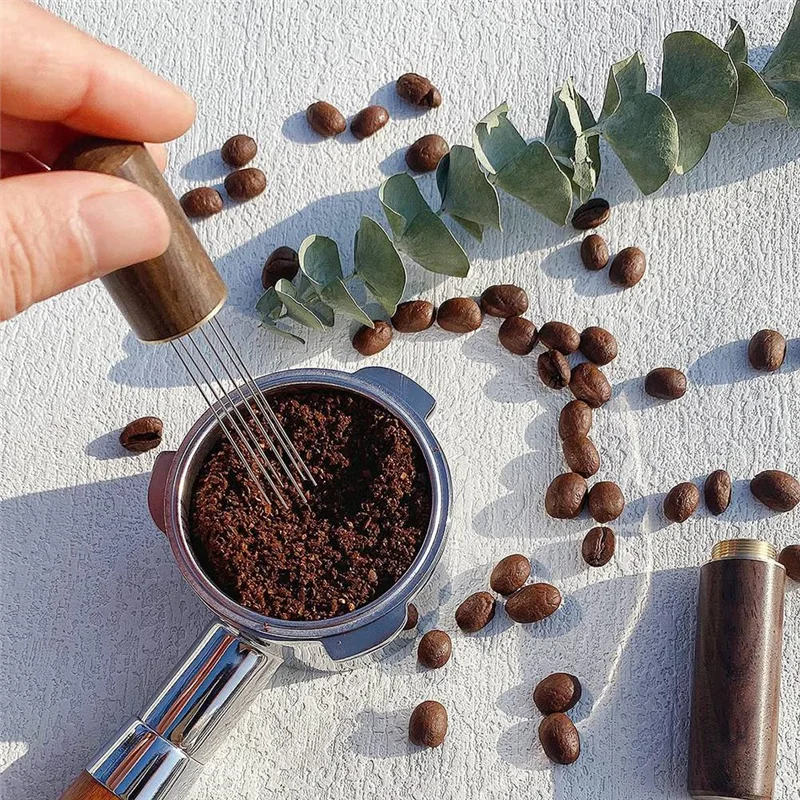 AT77 Мешалка для кофе эспрессо Инструмент для раздачи эспрессо Портативные инструменты для раздачи эспрессо, 6 игл цвета ореха