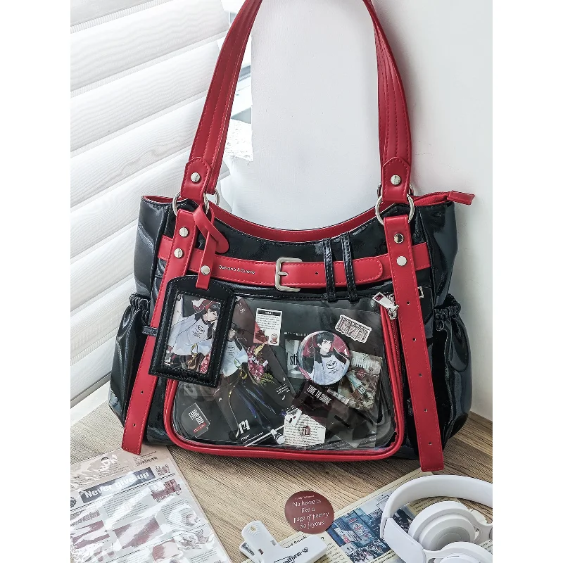 

Black & Red Patent Leather Ita Tote Bag Punk Style Shoulder Bag with Belt Buckle & Photo Card Holder Clear Window for Pin Displa