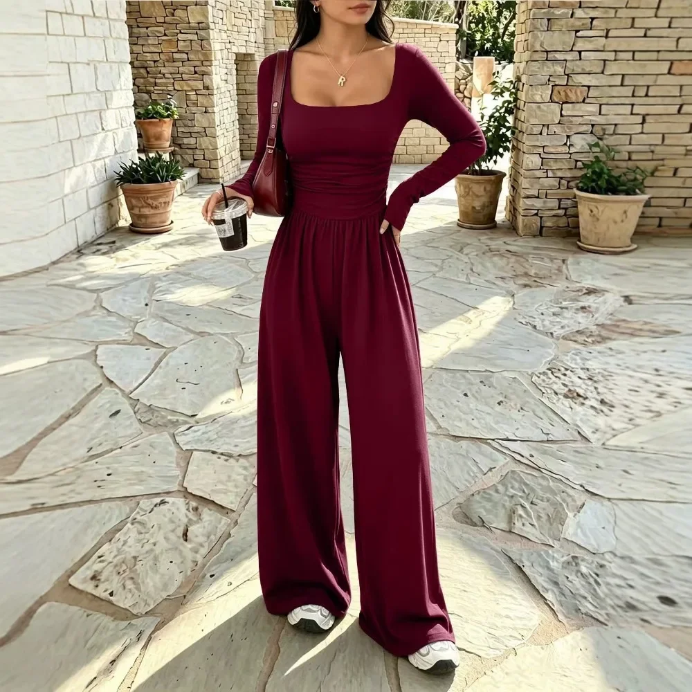 Women Solid Long Sleeve Wide Leg Jumpsuit Minimalist Casual Loose Fit Breathable Soft Flattering Daily Office Commute Comfy
