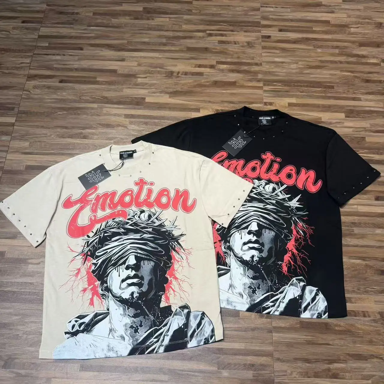 Mixed Emotion Retro Print Rhinestone High Street Loose Cotton Short Sleeve T-Shirt Summer Heavyweight Unisex Youth Fashion