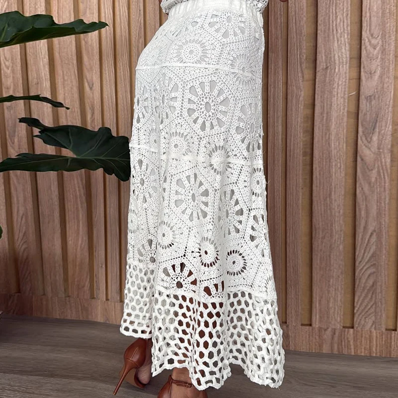 

Summer Vacation Hollow Out Women Casual Skirt Simple Lace Hook Flower Beach Skirt 2026 High Waist Solid Color Knitted Long Skirt