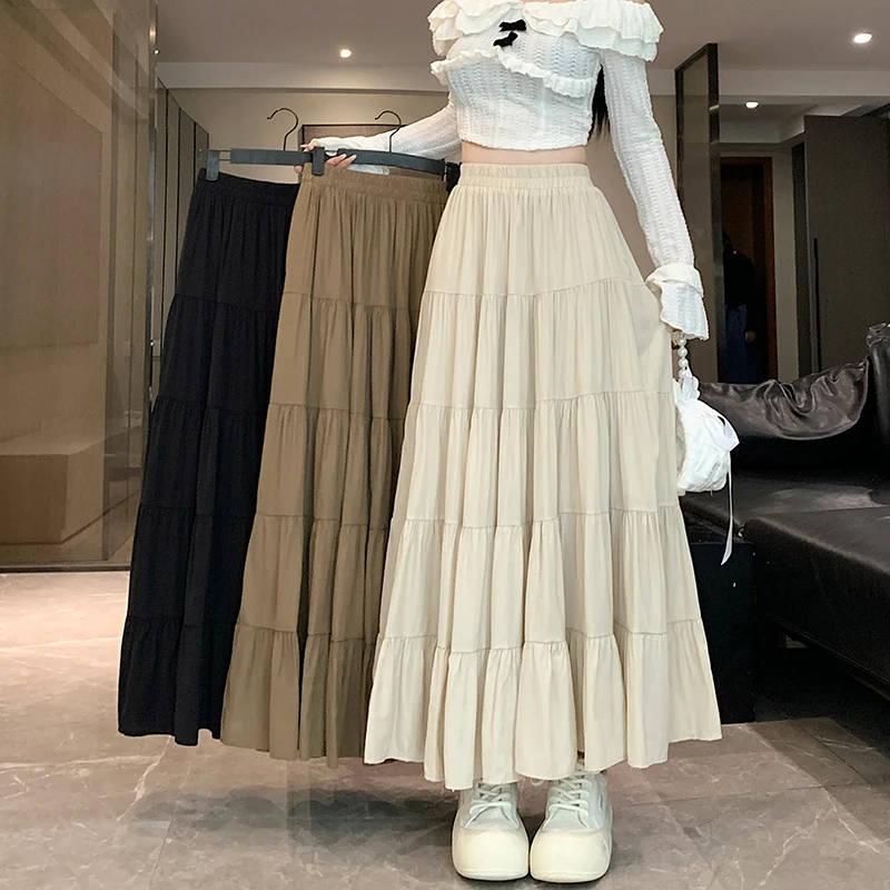 

2024 New Arrival Spring Summer Women All-matched Loose Casual Elastic Waist Patchwork A-line Mori Girl Ankle-length Skirt V880
