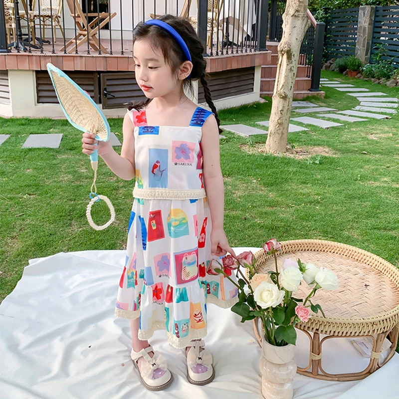 

2Pcs Summer Korean Girls Cartoon Printing Halter Top Plus Frill Hem Skirt Foreign Small Fresh Two-piece Cute Set