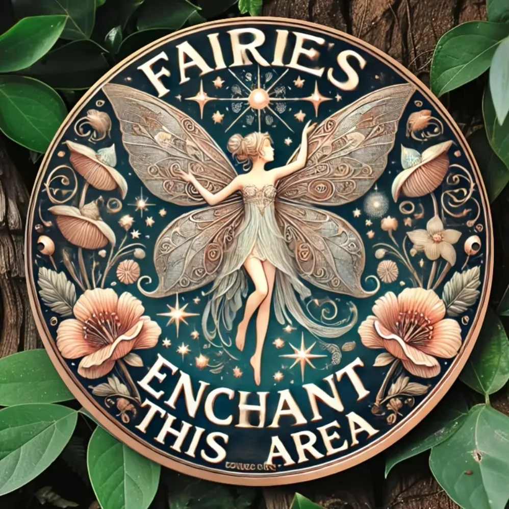 Weißblechgemälde, Vintage Fairy Enchantment Area „Wandschild – 20,3 x 20,3 cm, künstlerisches Metalldekor | Kreativer Innenakzent