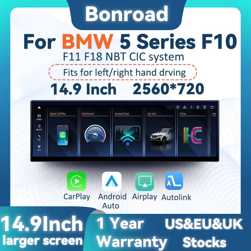 BONROAD 14.9 inch 2560*720P Display Touch Linux Screen For BMW 5 Series F10 F11 CIC NBT system Wireless Wired CarPlay Android Auto Airplay Autolink Mirrorlink Car Radio Stereo GPS Navigation Multimedia Screen