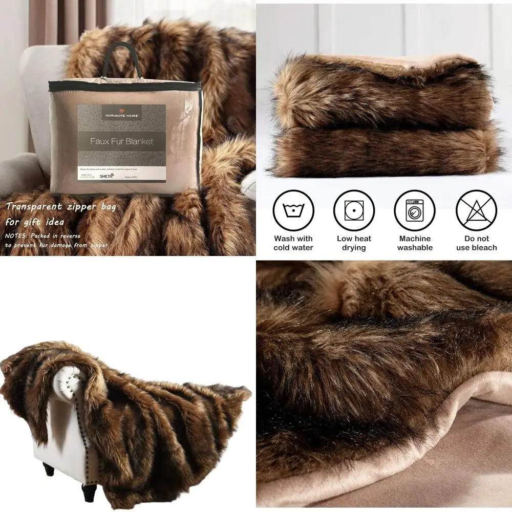 

Elegant Brown Faux Fur Blanket with Black Tips, Plush and Warm, 60x80 inches, Ideal for Sofa, Armchair, and Bed