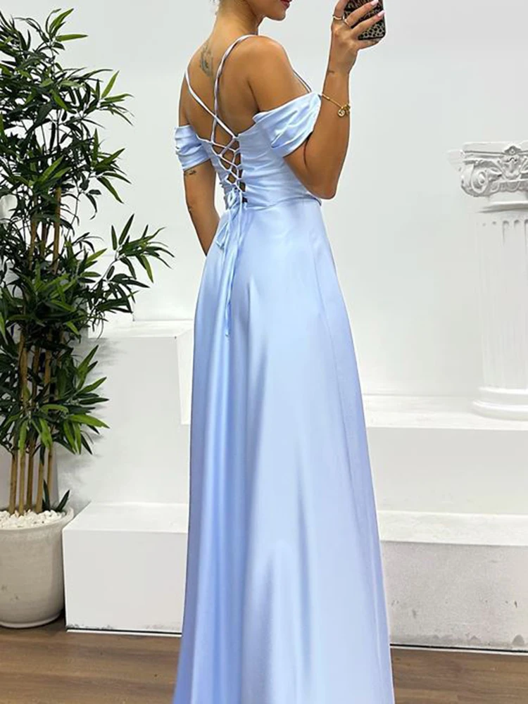 Abito da sera sexy a pieghe tinta unita a vita alta Abiti maxi da festa divisi da donna di lusso Nuovo abito halter scavato senza maniche in raso