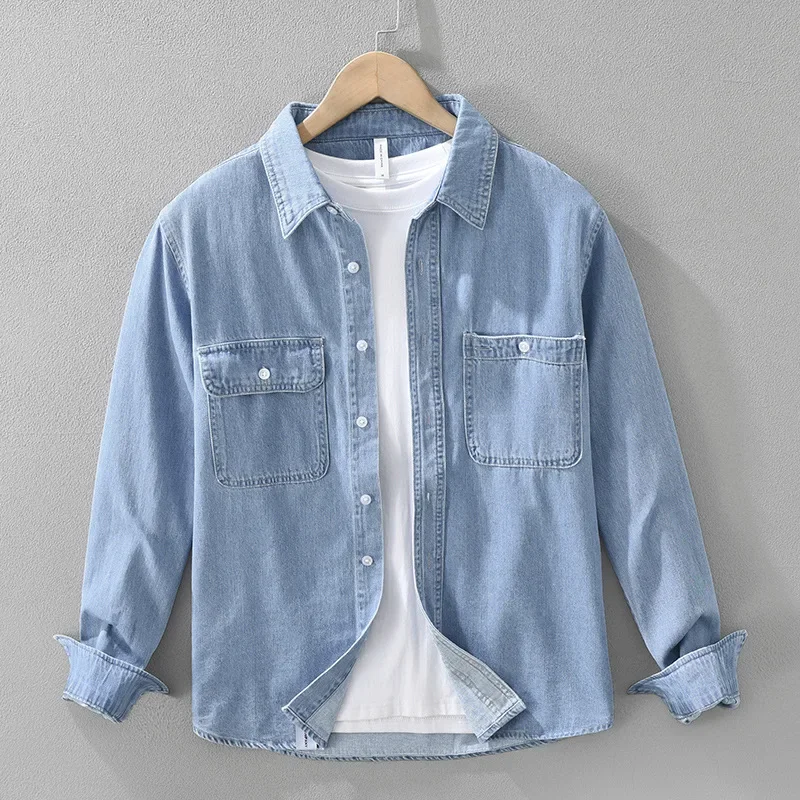 

Korean Fashion Men Long Sleeve Denim Shirt Spring Autumn Casual Cargo Shirt Man Lapel Double Pockets Blue Jean Shirts 2025 New