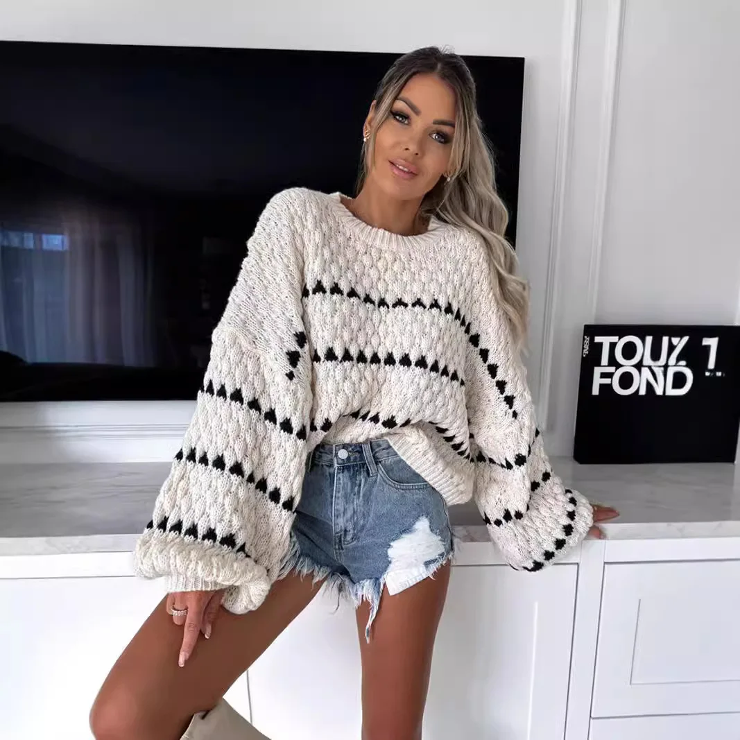 

ropa invierno para mujer Women Sweater Casual Pullovers Autumn Knitted Loose Striped O-neck Long Sleeve Tops Elegance Sweet Tops