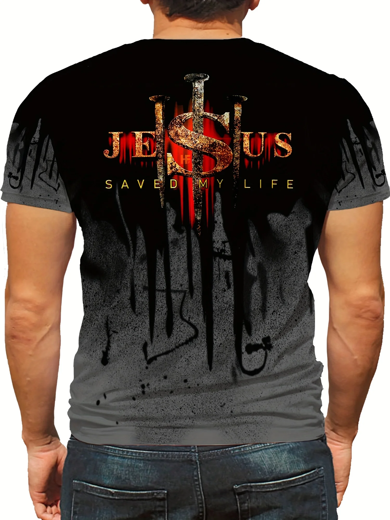 Flame Cross & Saves Print Plus Size Men's Crew Neck Casual T-Shirt, Versatile Comfortable Top For Big & Tall