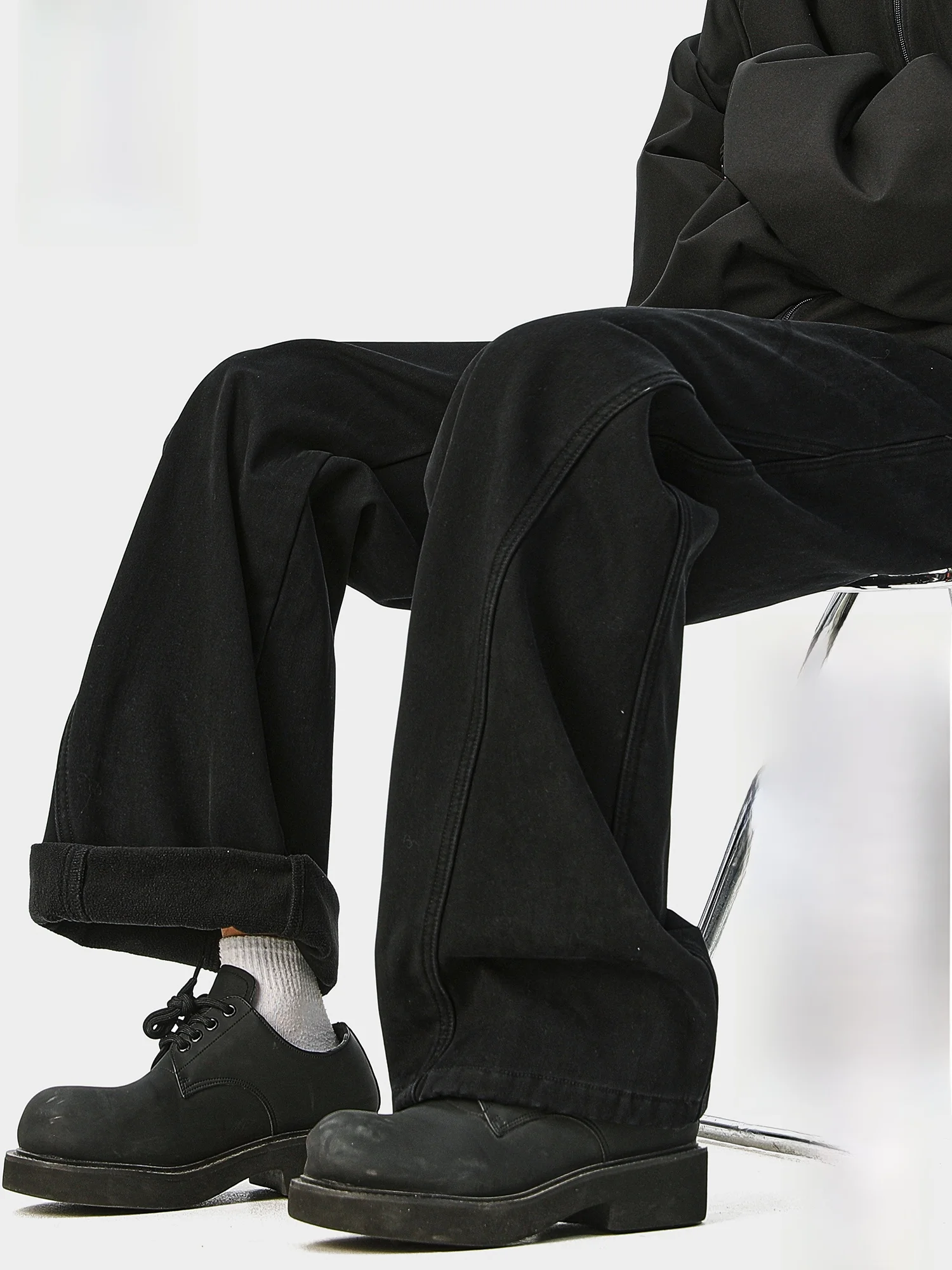 

PaulFrank Thiened Fce Lined Wide Leg Casual Pants Men Winter American Splicing Bla Warm Trousers Youth Straight Tube