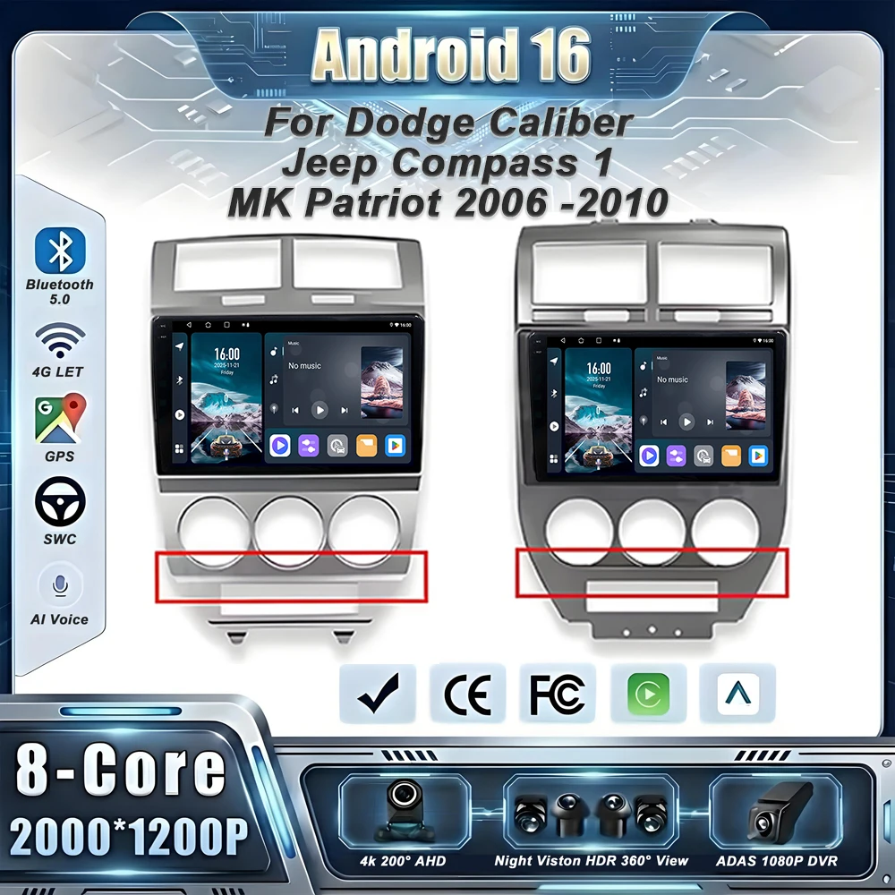 Auto Radio Android 16 For Dodge Caliber Jeep Compass 1 MK Patriot 2006 -2010 Car GPS Multimedia Player Stereo Unit No 2din DVD