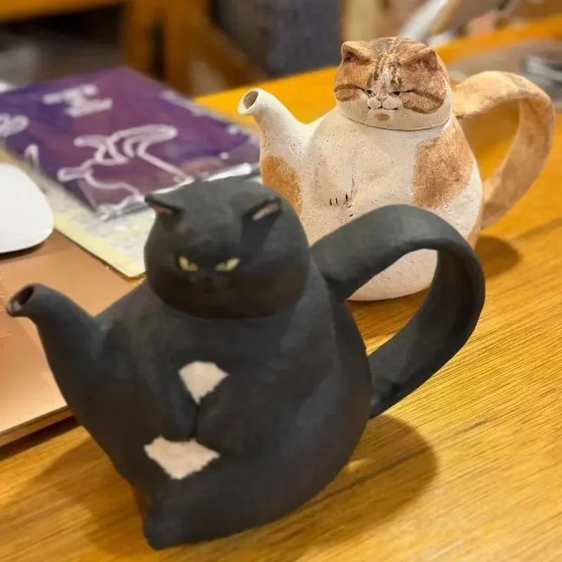 For Japanese Handmade Coarse Pottery Cute Cat Teapot High Value Tea Set Kettle Wedding Birthday Gift