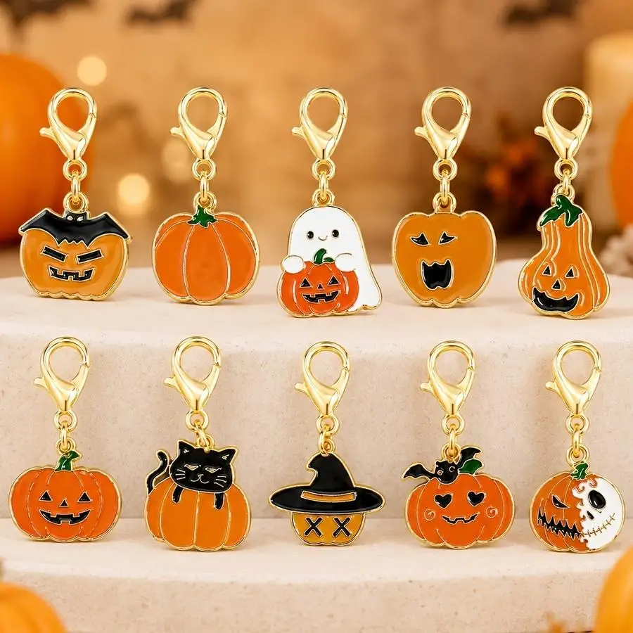 1/5/10/20/50/100pcs Set of 10 Halloween Pumpkin Keychains - Cute Alloy Metal Keyrings with Lobster Clasps, Ideal Birthday Gift f