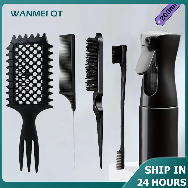 5-Piece Hair Styling Set: Curl Define Styling Brush Curved Rat Tail Comb Edge Control Brush-Perfect for Salon-Quality Results