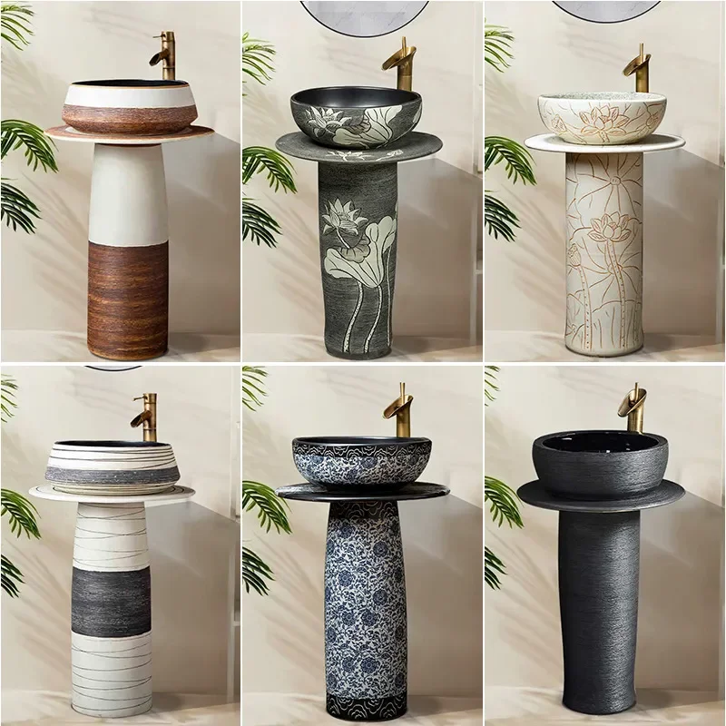 for Ceramic Integrated Chinese Column Type Washbasin Blue and White Pillar Basin for Balcony Courtyard Outdoor Sink Pool
