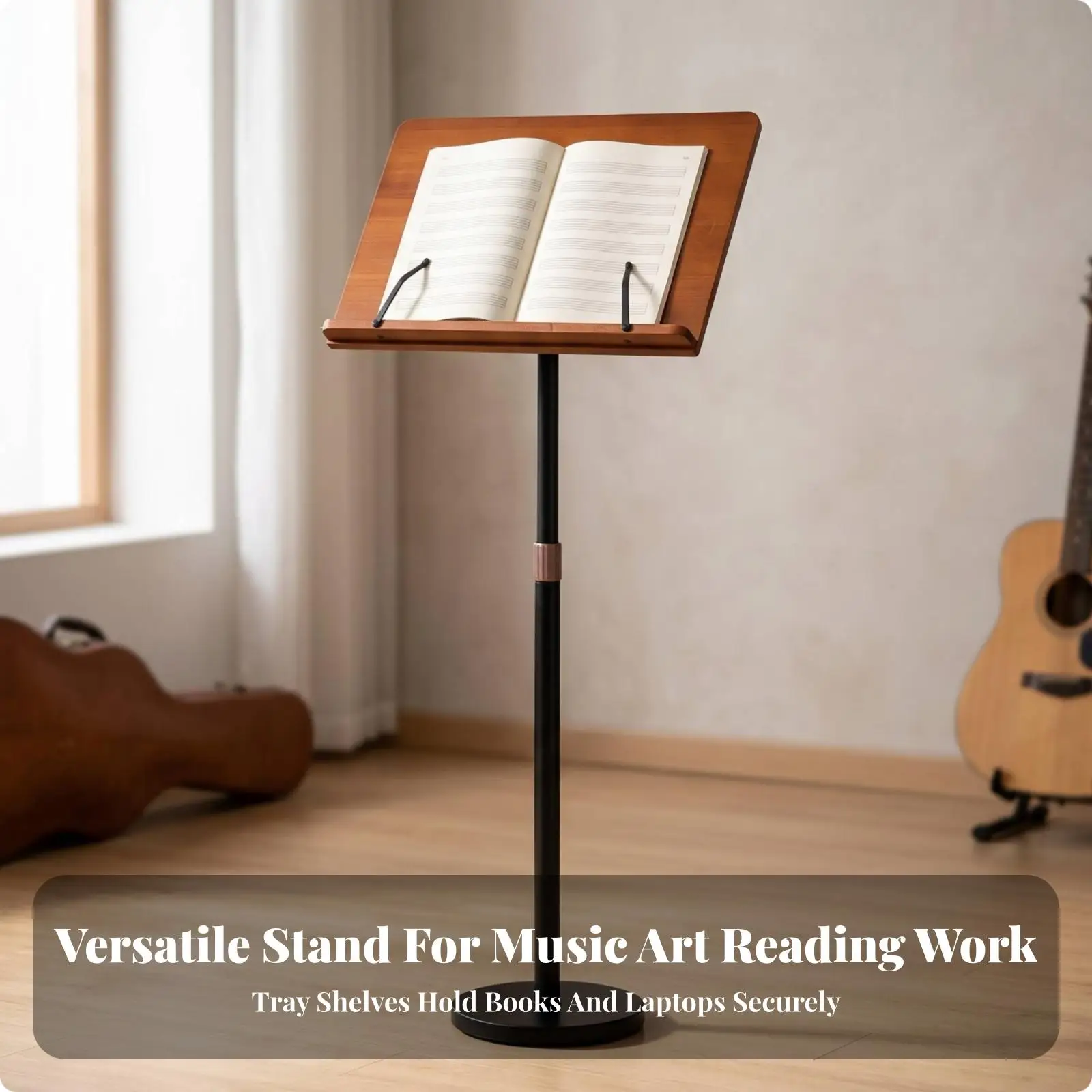 Floor-Standing Reading Stand Height Adjustable Floor Book Stand Book Holder with Page Clips Bamboo Handsunoccupied for Readers